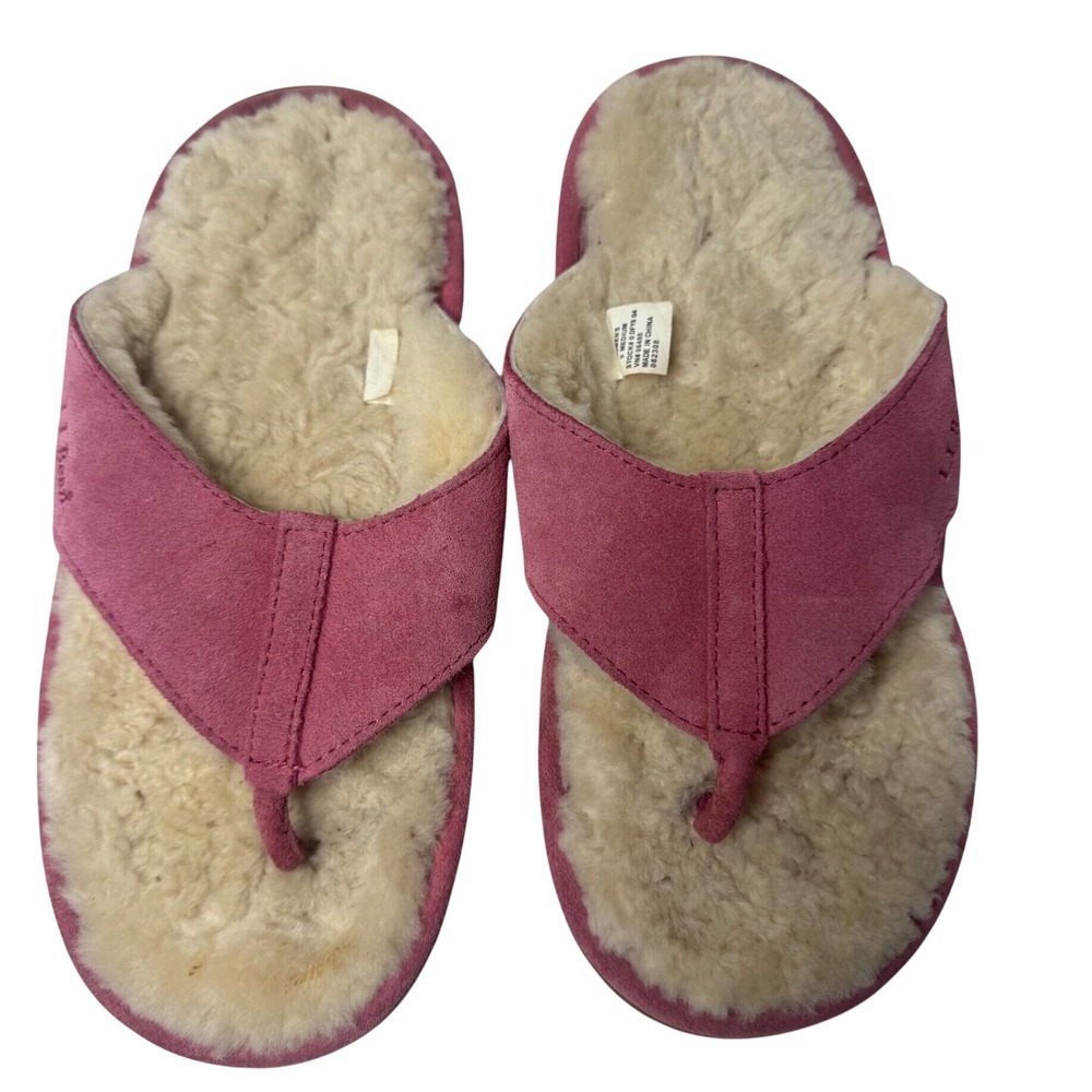 LL Bean Wicked Good Shearling Flip Flop Slippers Pink Suede Womens 9 Medium